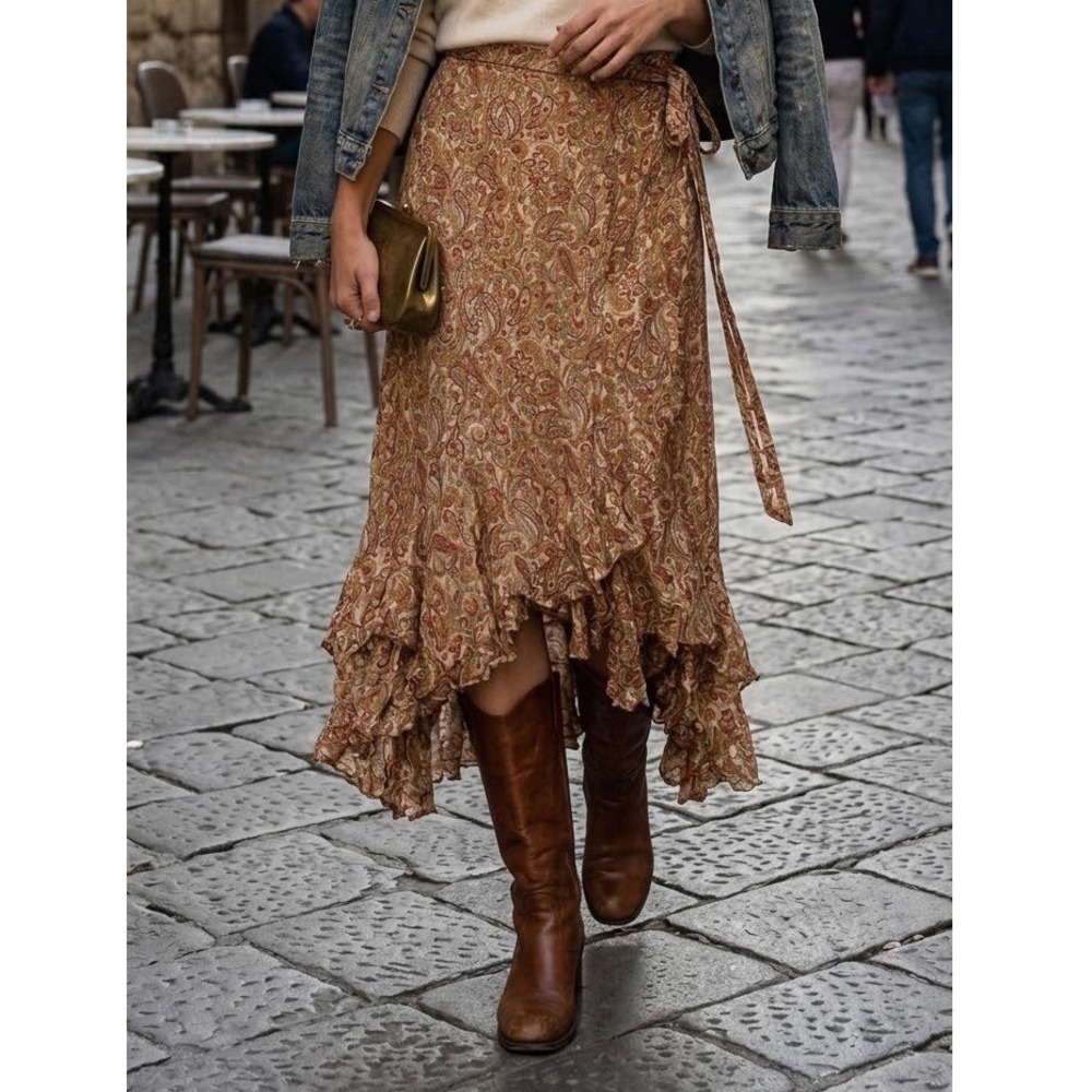Jedzebel Silk Paisley Wrap Skirt Ruffle Hem Boho Midi Brown Orange XL Women